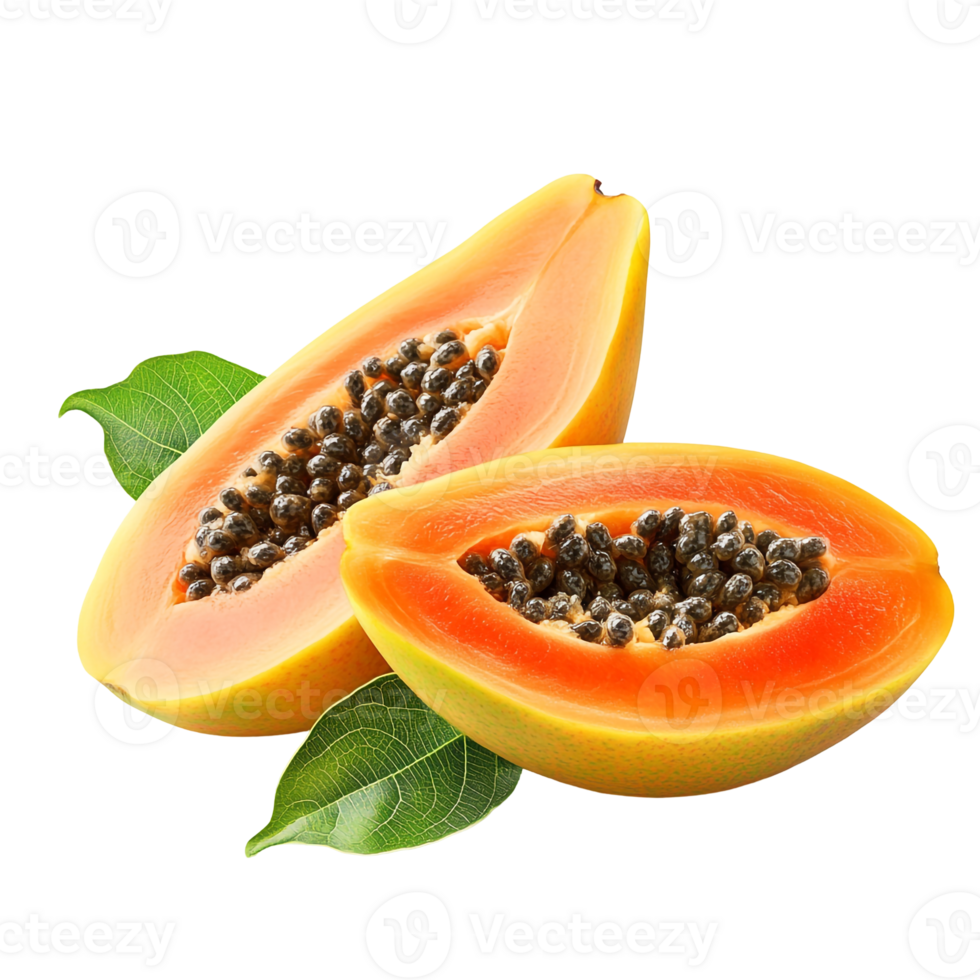 maduro papayas y verde hojas cortar en medio 53449825 PNG
