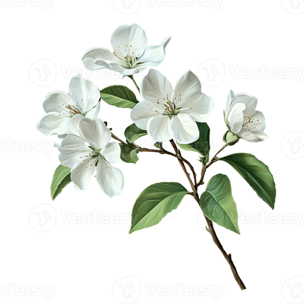 Natural Branch with White Flowers and Leaves png