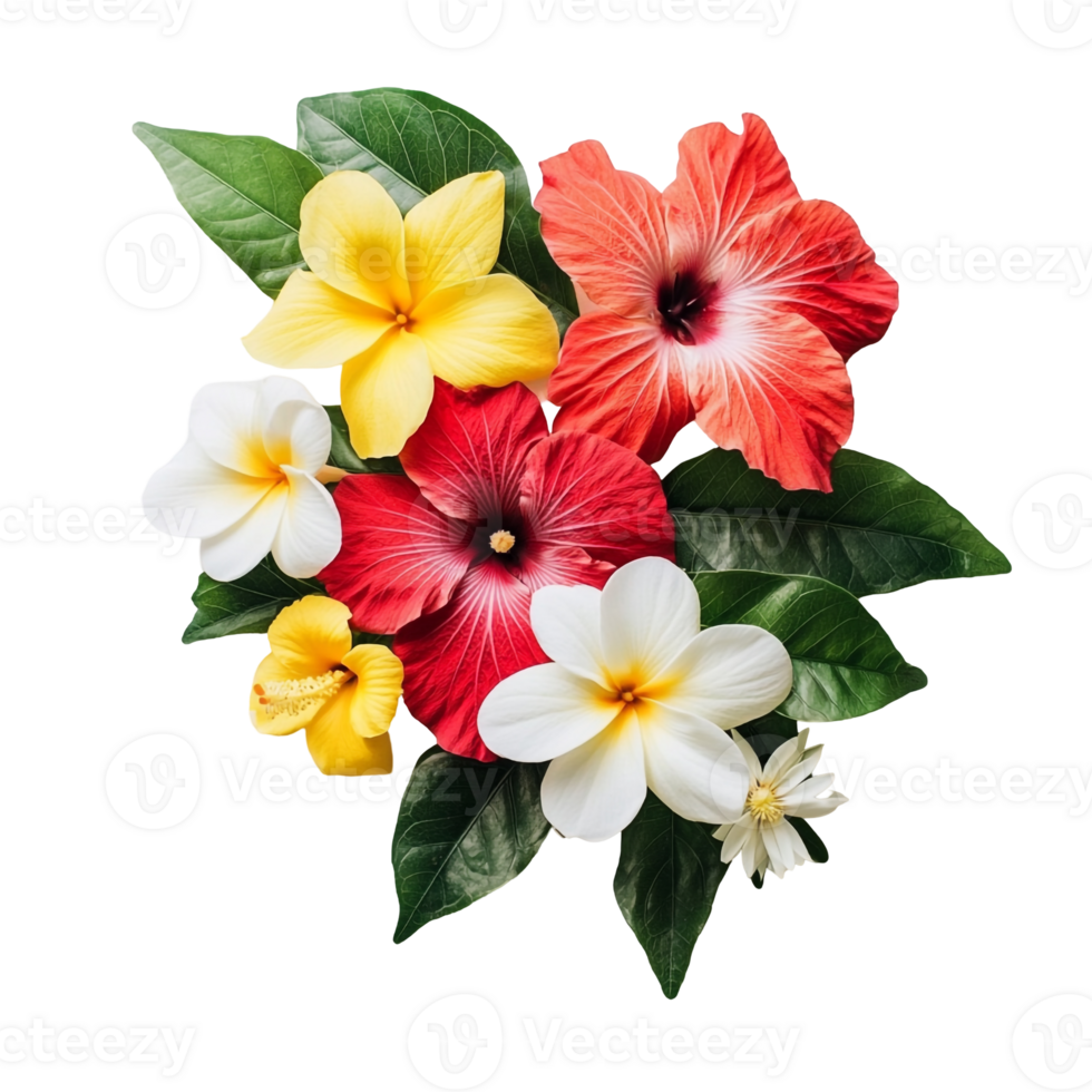 Elegant Hawaiian Flower Bouquet with Hibiscus in Red and Yellow png
