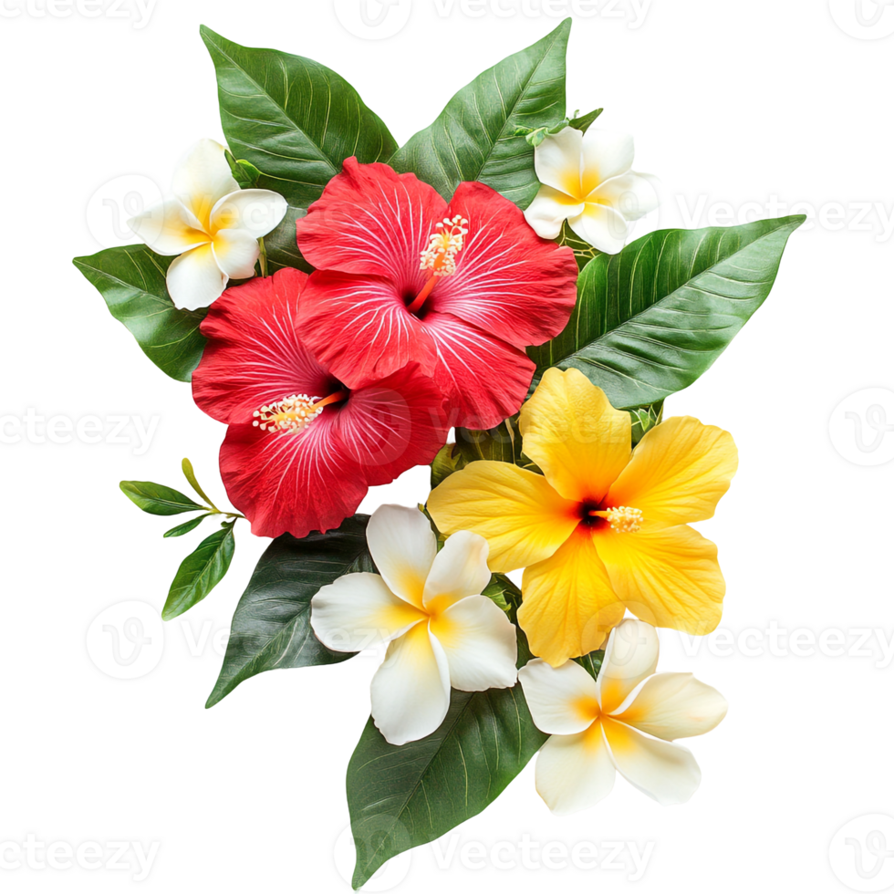 Tropical Hawaiian Flower Arrangement Featuring Red and Yellow Hibiscus png
