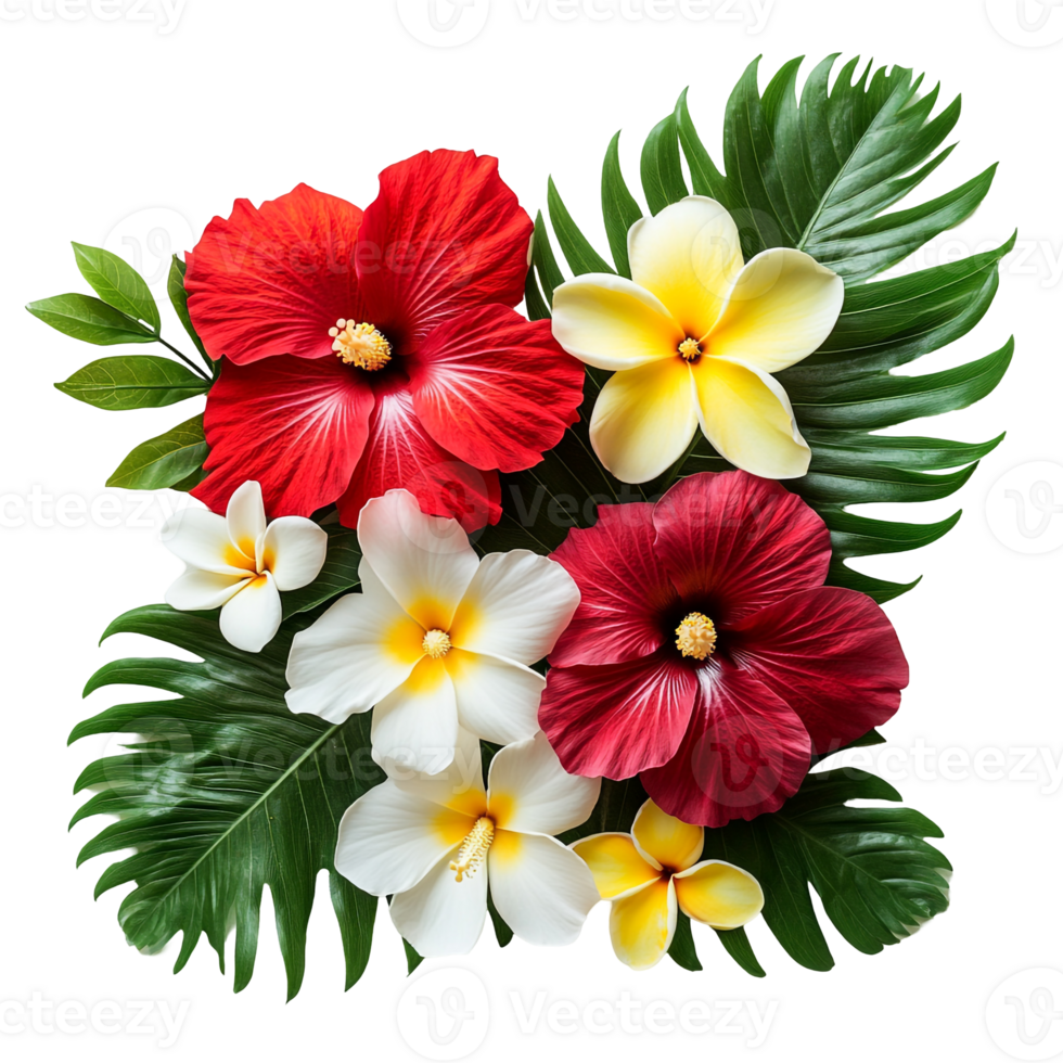 Stylish Hawaiian Flower Arrangement with Red and Yellow Hibiscus png