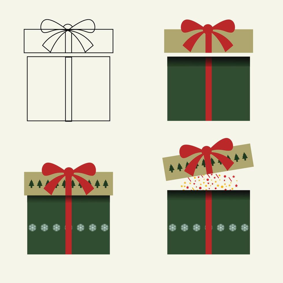 Green and Red color Christmas Day gift box set with ribbon and pine tree for present surprise box vector