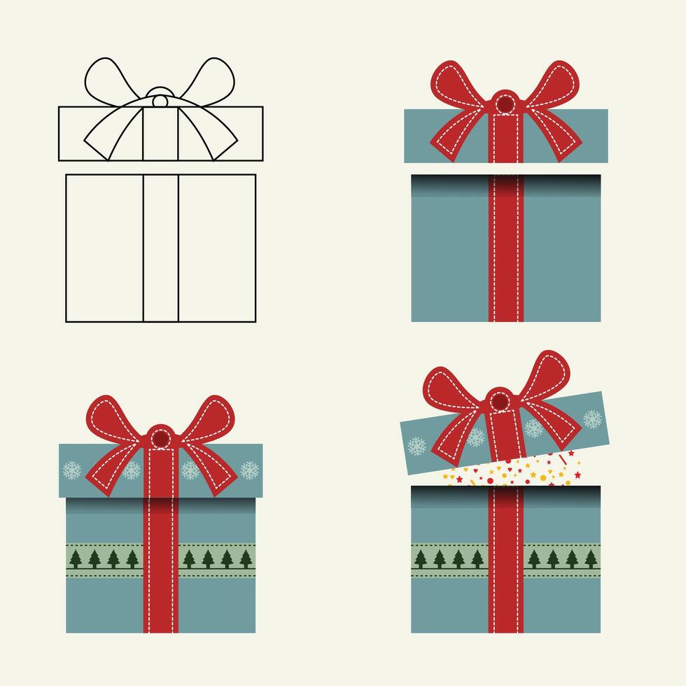 Christmas Day gift box set with ribbon and pine tree for present surprise box vector