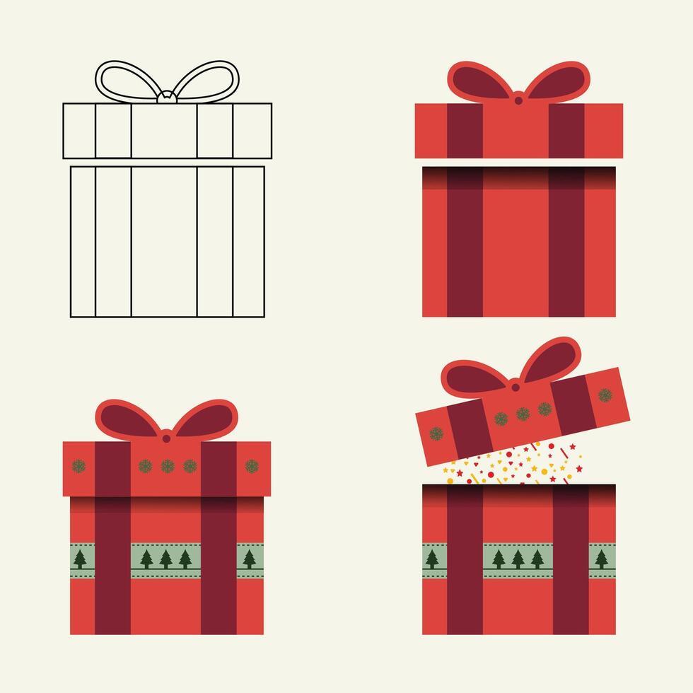 Red color Christmas Day gift box set with ribbon and pine tree for present surprise box vector
