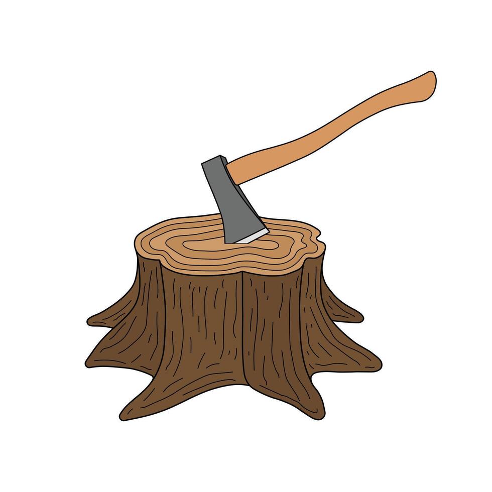 kids drawing tree stump with axe cartoon isolated vector