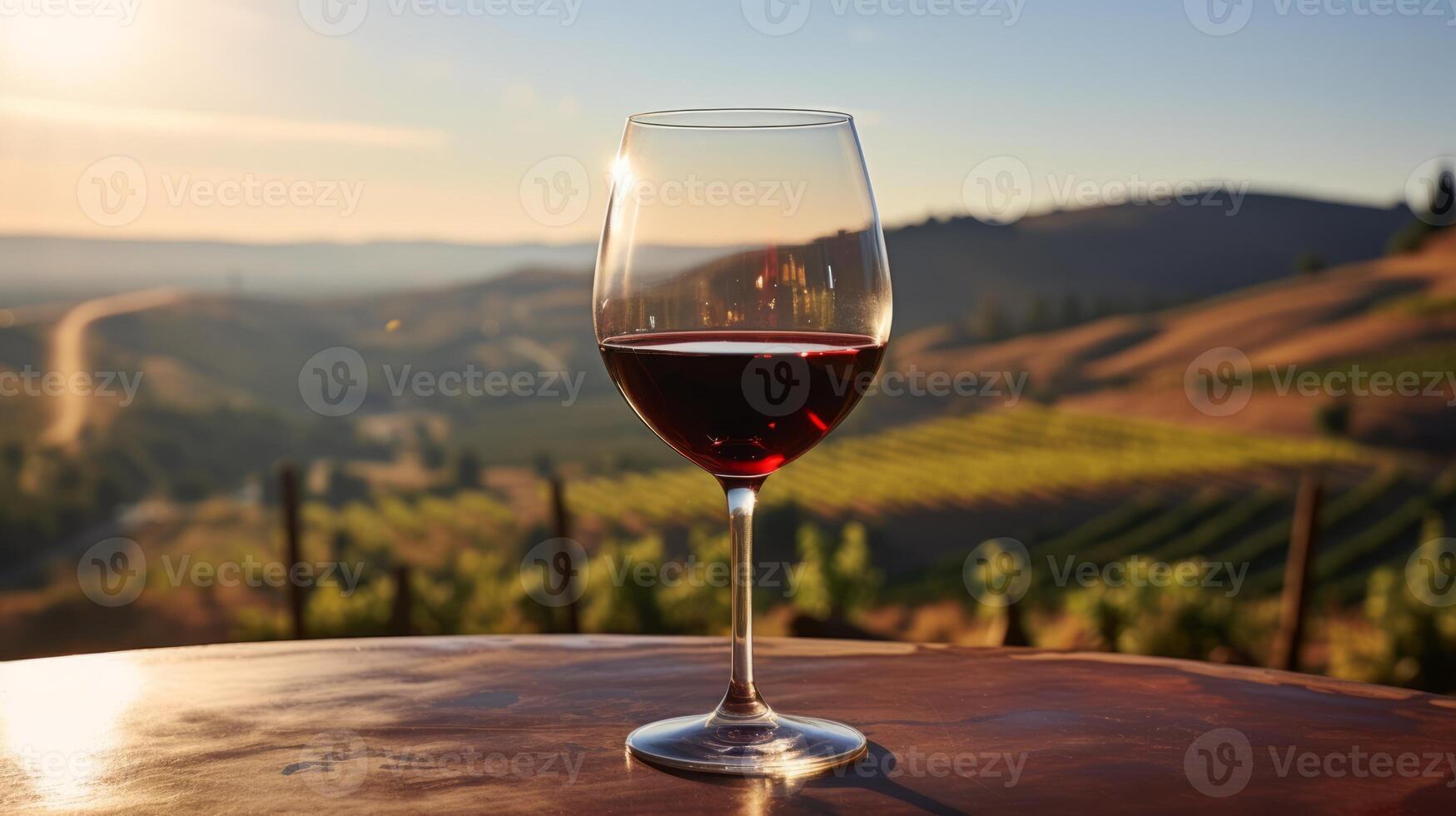 A glass of red wine on a table in front of a vineyard photo