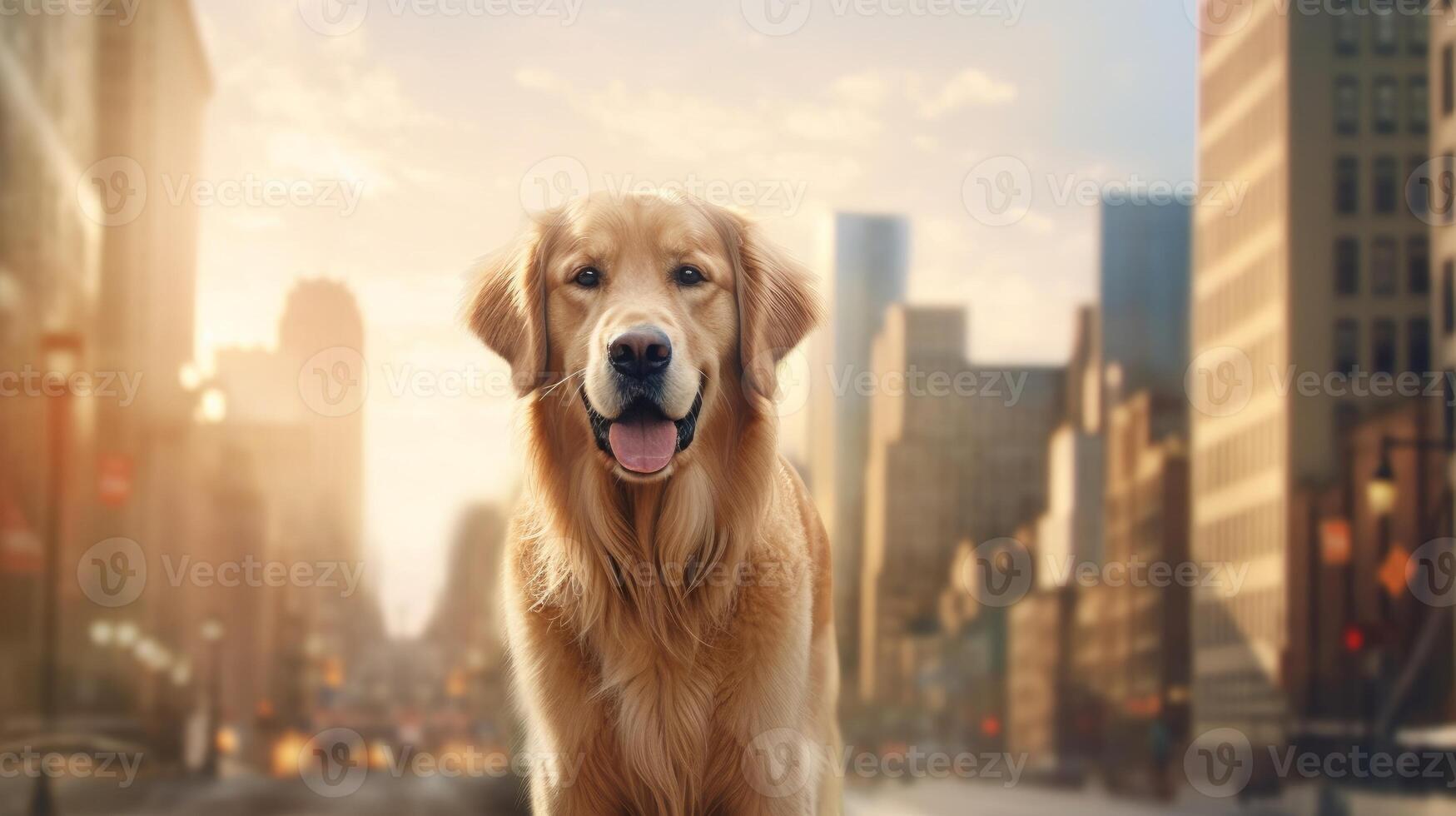 A golden retriever standing in the middle of a city street photo