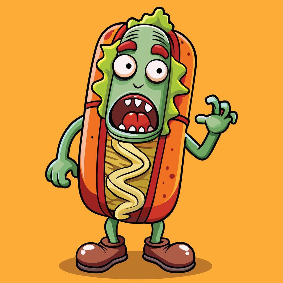 Spooky Cartoon Icon of Grotesque Hotdog Zombie with Wide Grin vector