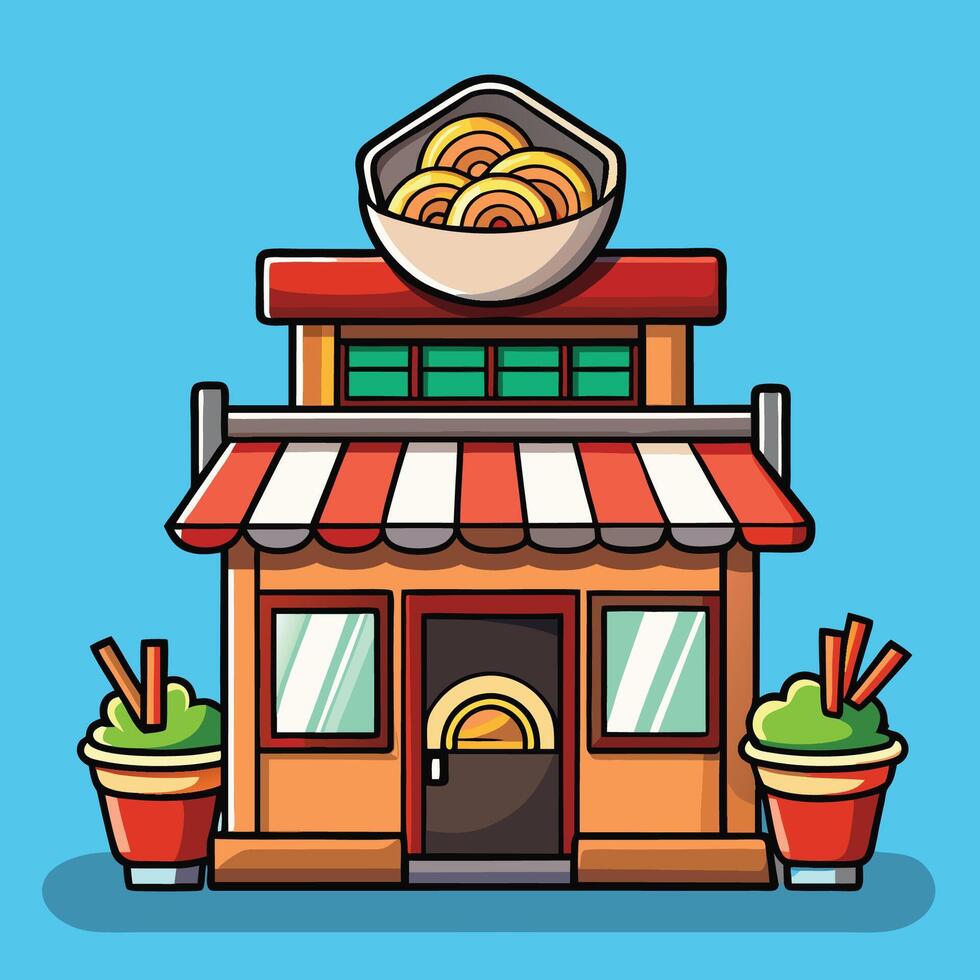 Cartoon-Style Illustration of a Traditional Ramen Noodle Shop Building vector