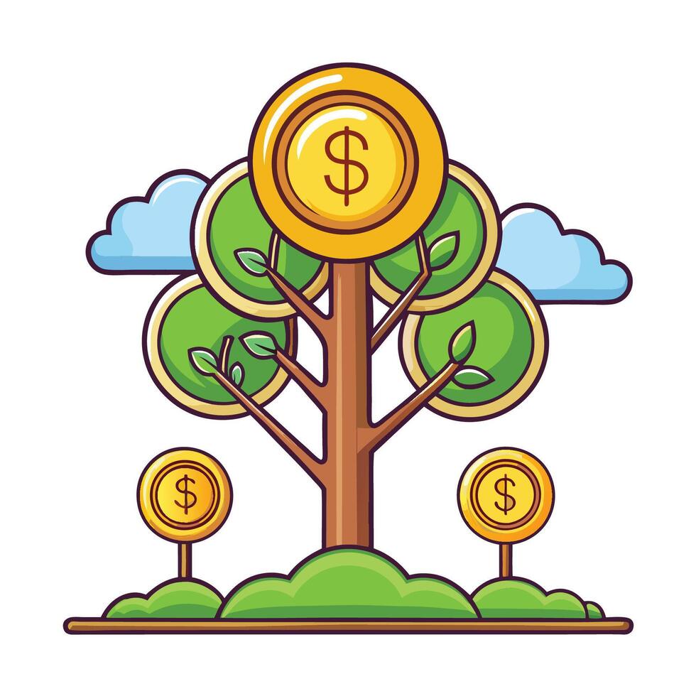 Cartoon Illustration of a Golden Coin-Bearing Money Tree with Intricate Details vector