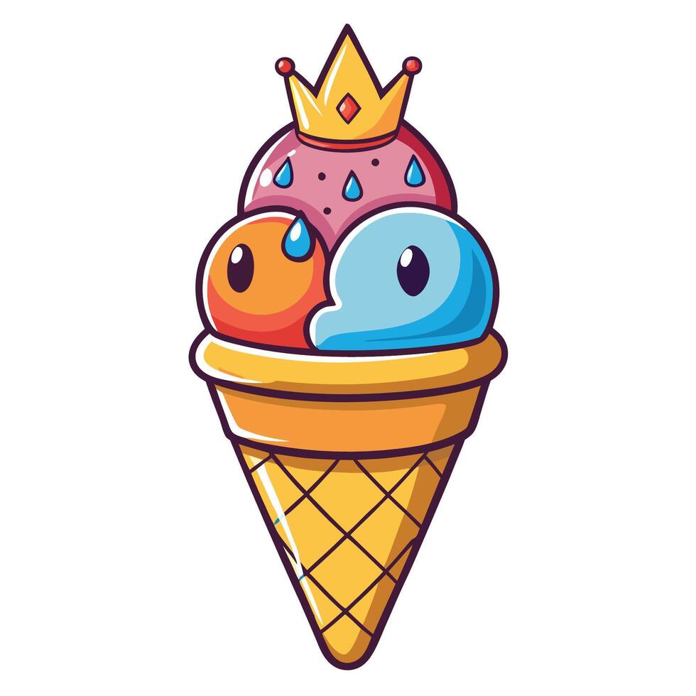 Charming Crowned Ice Cream Cone Cartoon Icon Illustration vector