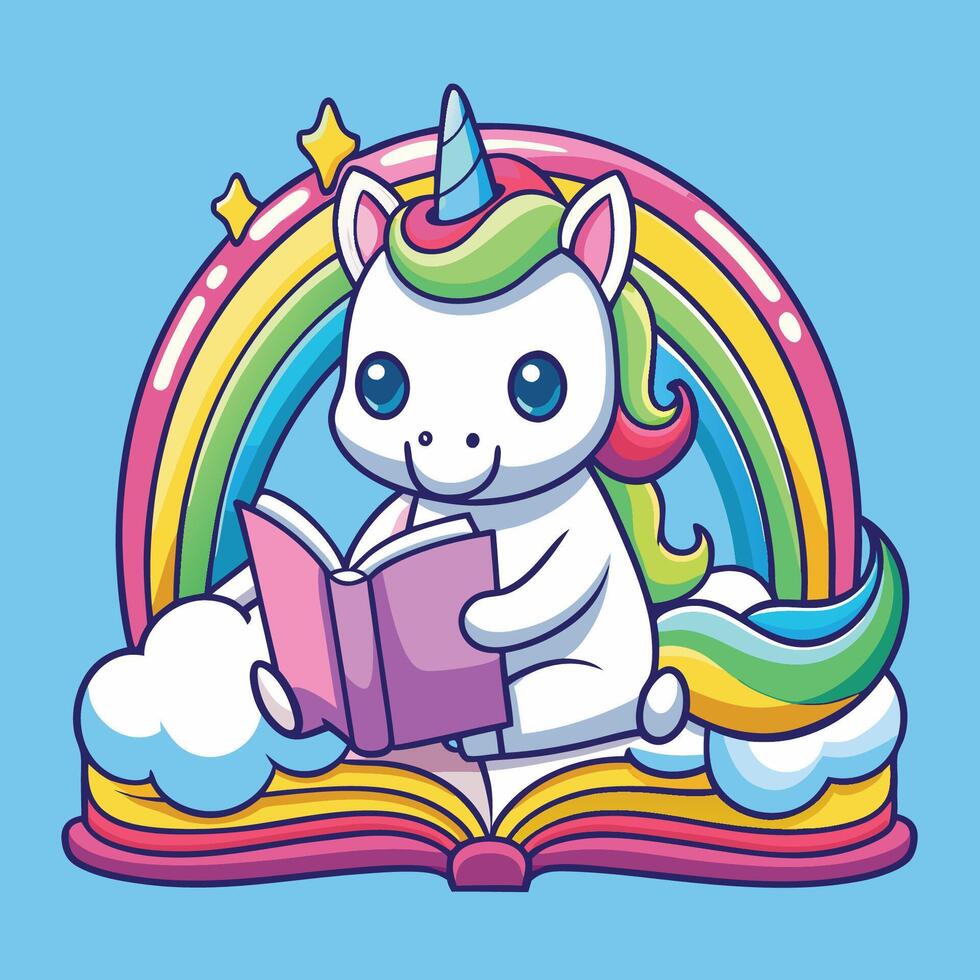 Adorable Unicorn Reading a Book on a Rainbow Arch vector