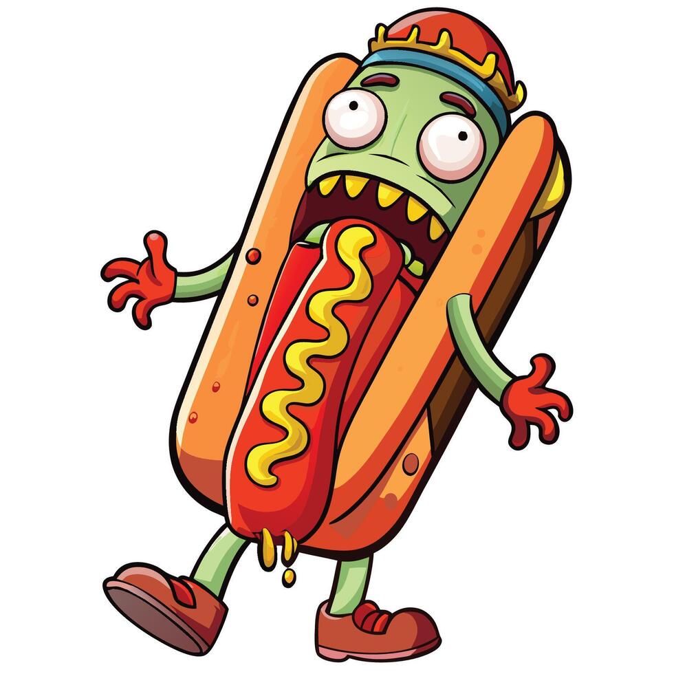 Illustration of a Hungry Zombie Hotdog Character in a Cartoon Style vector