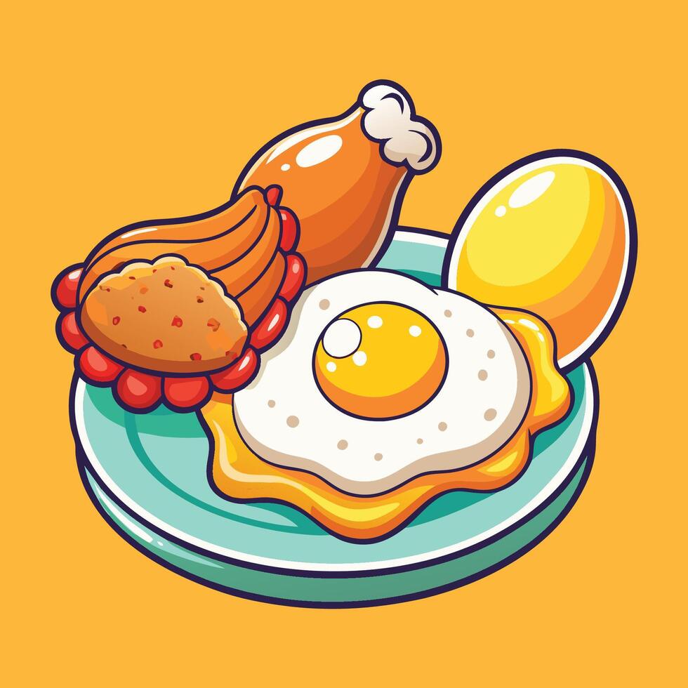 Cartoon Icons of Fried Egg and Fried Chicken vector