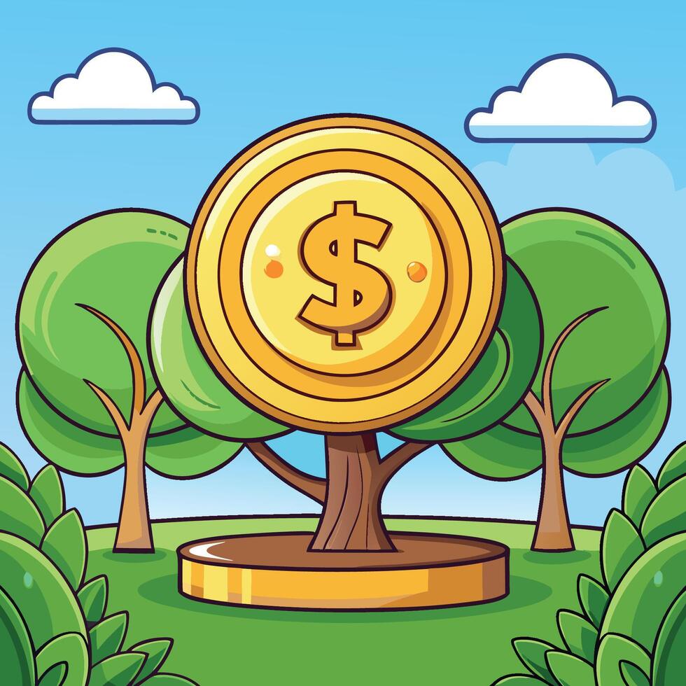 Cartoon Gold Coin Illustration with Growing Money Tree and Coin Stack vector