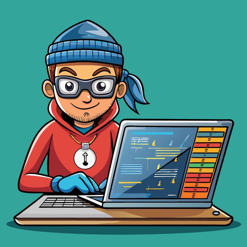 Cartoon Icon Illustration of a Hacker Operating a Laptop vector