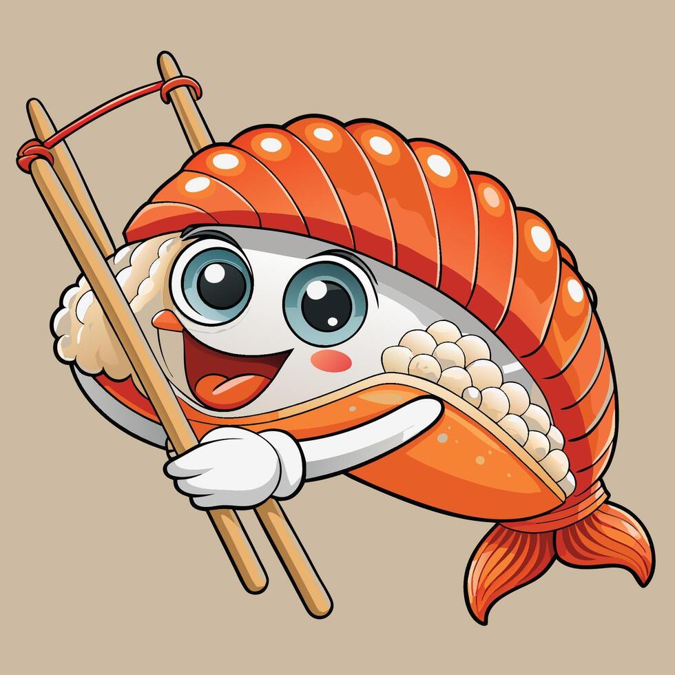 Salmon Sushi with Chopsticks Adorned in Cartoon Style vector