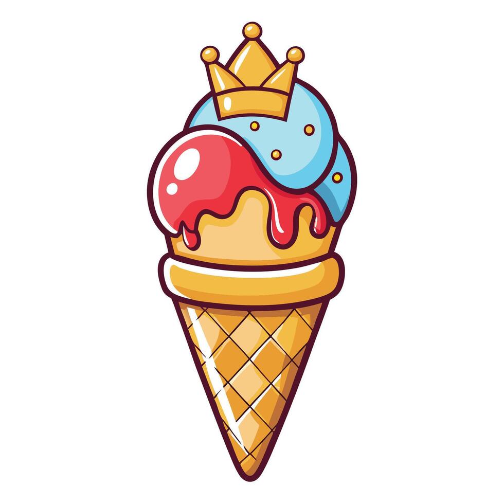 Cute and Crowned A Delightful Cartoon Ice Cream Cone Icon vector