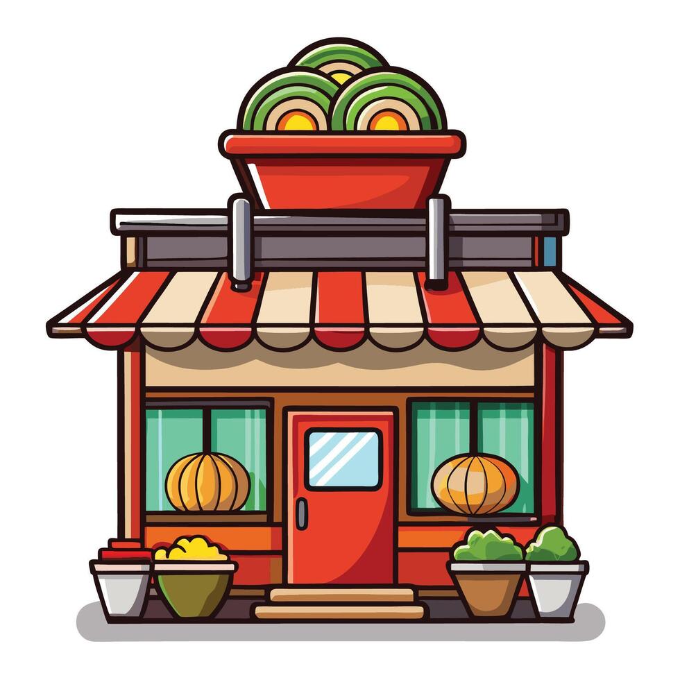 Cartoon Illustration of a Ramen Noodle Shop Building with Cute Design vector