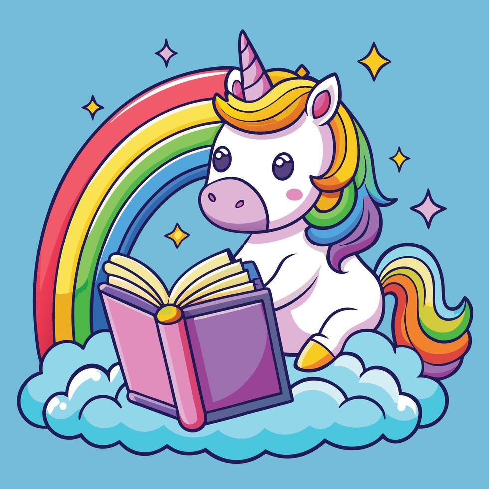 Cheerful Unicorn Reading a Storybook Amidst a Rainbow s Embrace vector