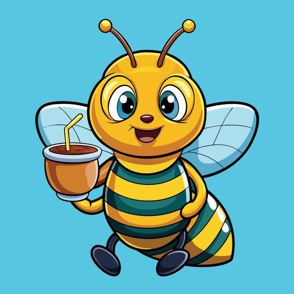 Adorable Honeybee Sip Coffee from a Tiny Mug Cute Cartoon vector