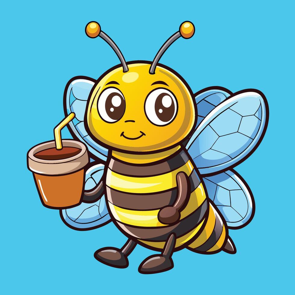 Adorable Honeybee Sipping Coffee with a Smile in Cartoon Style vector