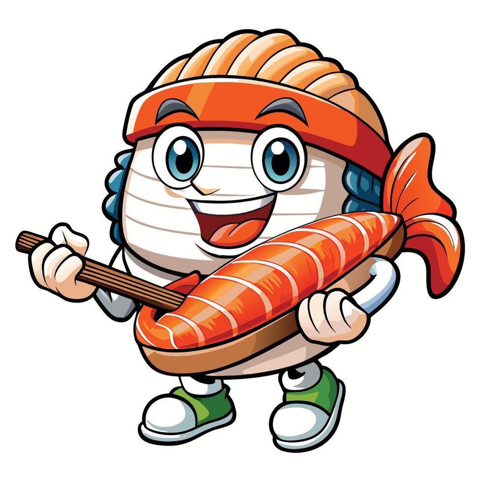 Cartoon Illustration of Sushi Salmon Playing Guitar vector