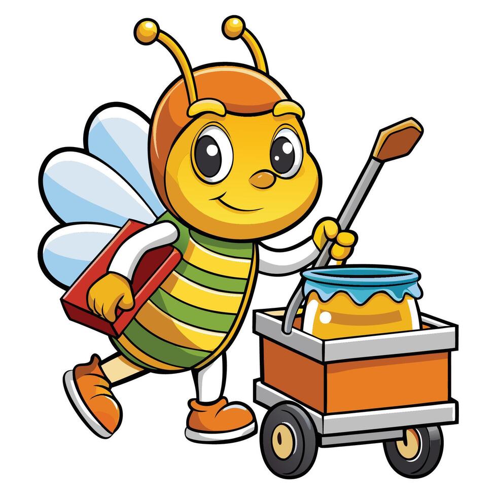 Adorable Honeybee Carrying Honey Jar in a Shopping Trolley vector