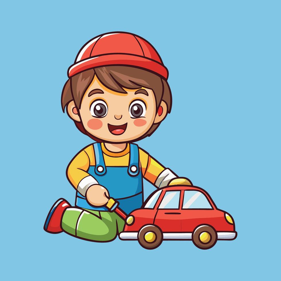 Adorable Toddler Delightedly Engaged in Play with Car Toy Cartoon Icon vector