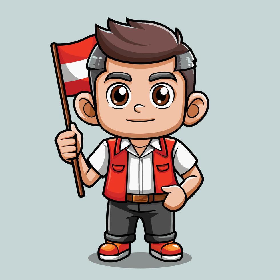 Cartoon Illustration of a Charming Man Cheerfully Holding an Indonesian Flag vector