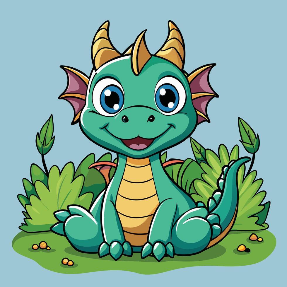Adorable Cartoon Illustration of a Sitting Kid Dragon with a Cute Expression vector