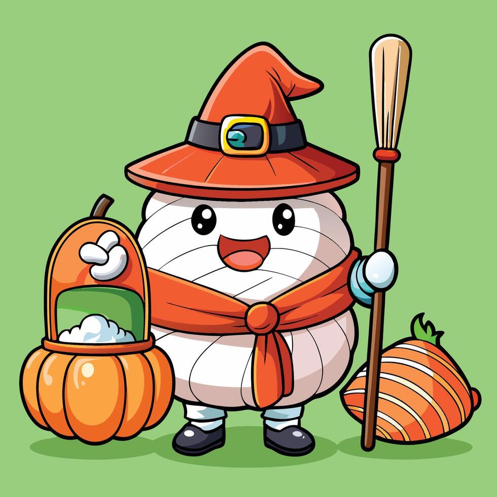 Festive Witch with Sushi, Salmon, and Magic on Halloween Night vector