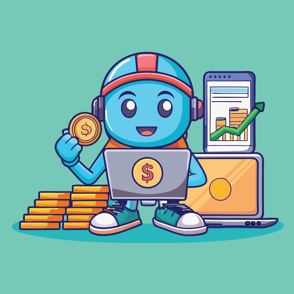 Cute Money Character Hard at Work on a Laptop Icon vector