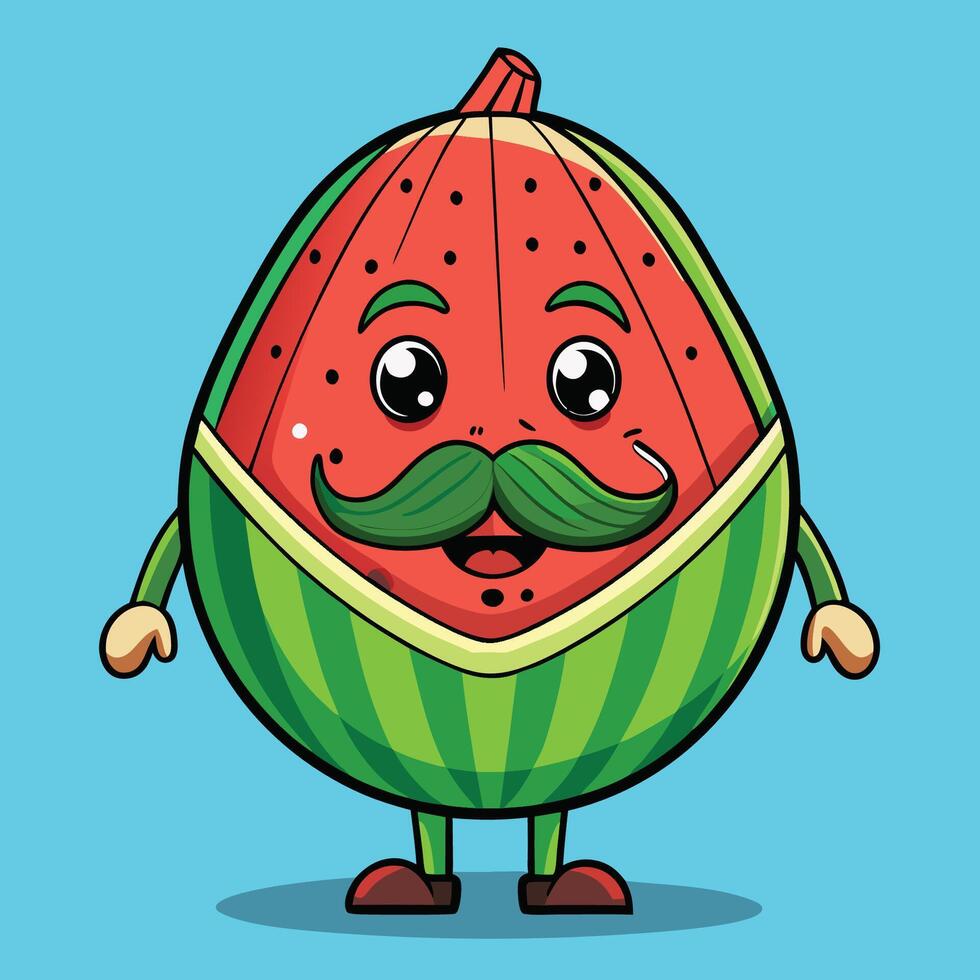 Watermelon Man with a Debonair Moustache and Dapper Hat Cartoon Illustration vector