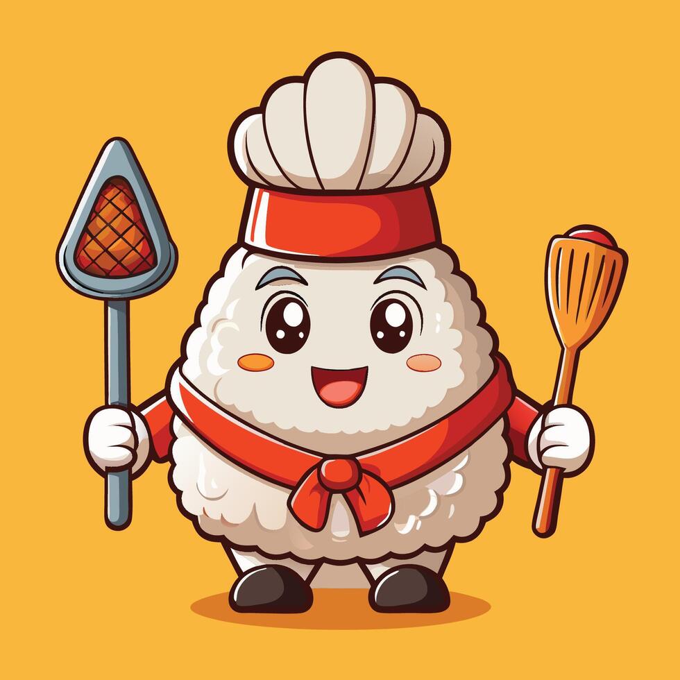 Adorable Onigiri Sushi Chef with Spatula Wielding a Delicious Dish vector