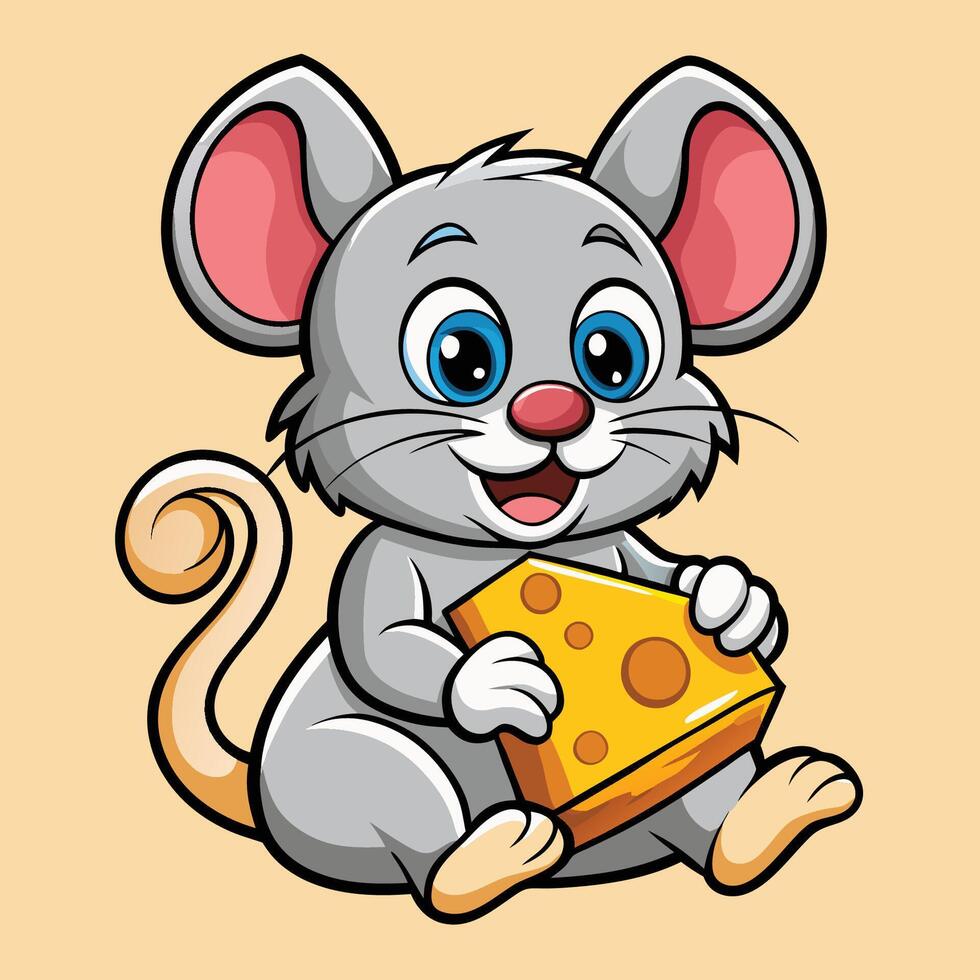 Adorable Cartoon Mouse Enjoying a Slice of Cheese in Cardboard Box vector
