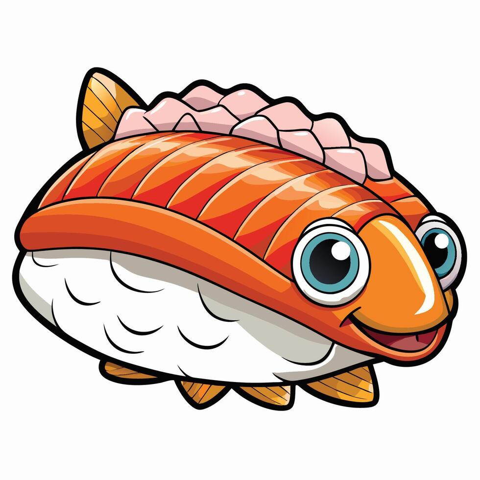 Cartoon Illustration of a Sushi Roll with Salmon and Fishing Elements vector