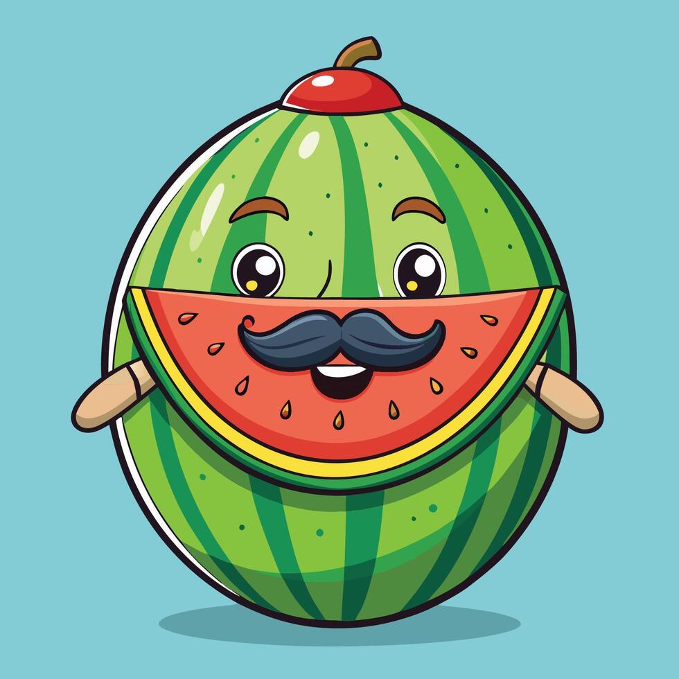Charming Watermelon Character with Whimsical Mustache and Smile vector
