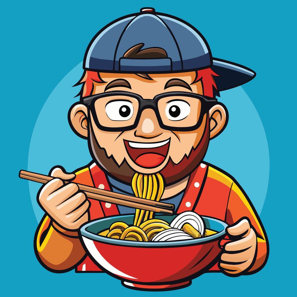 Man Enjoying a Bowl of Ramen Noodles with Chopsticks vector