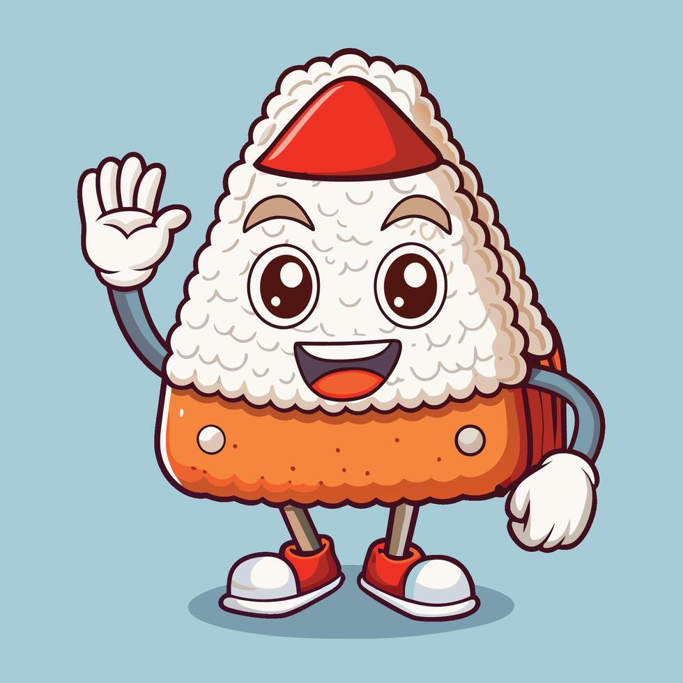 Animated Icon of a Cute Onigiri Sushi Waving Hand with a Big Smile vector