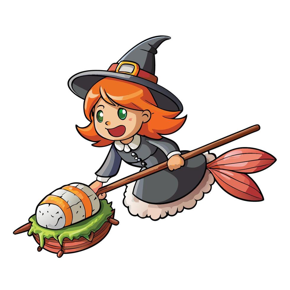 Enchanting Witch Flying on Magic Broom with Sushi and Salmon vector