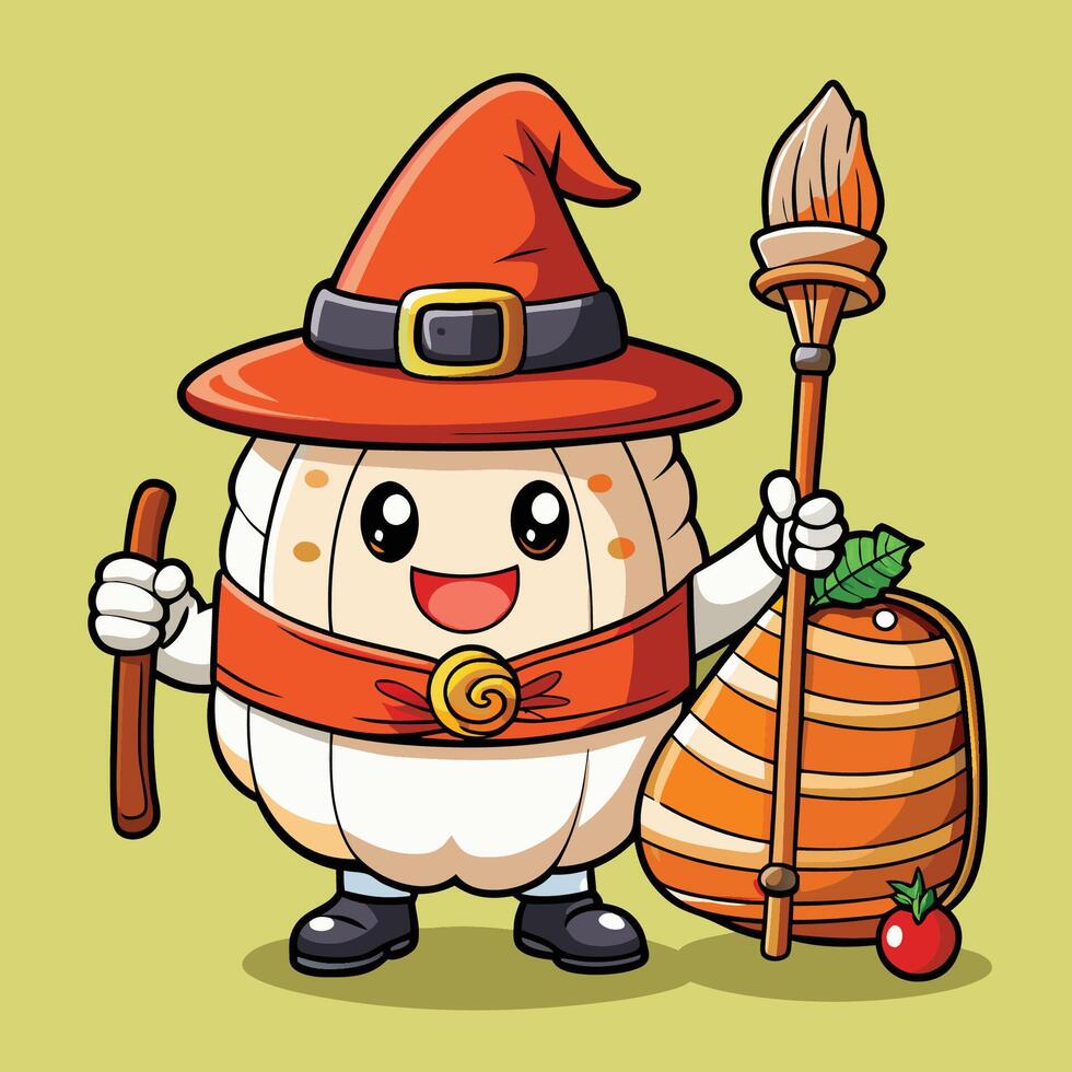 Enchanting Witch with Sushi and Salmon, Holding Magic Broom and Pumpkin vector