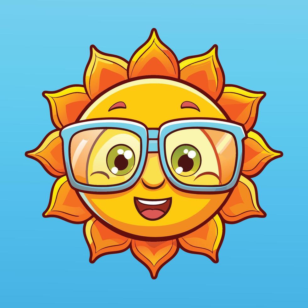 Cute Cartoon Icon of a Sun Wearing Sunglasses Watching a Sunrise vector