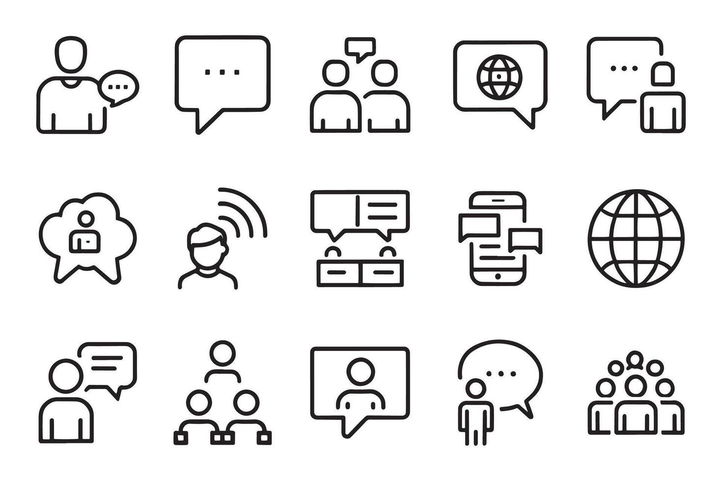 communication, talking, discussion, speech bubble concept related editable stroke outline icons set isolated flat illustration on white background vector