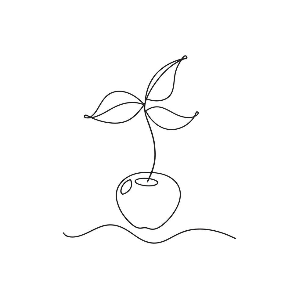 Cherry fruit with leaf Continuous line art flat illustration vector