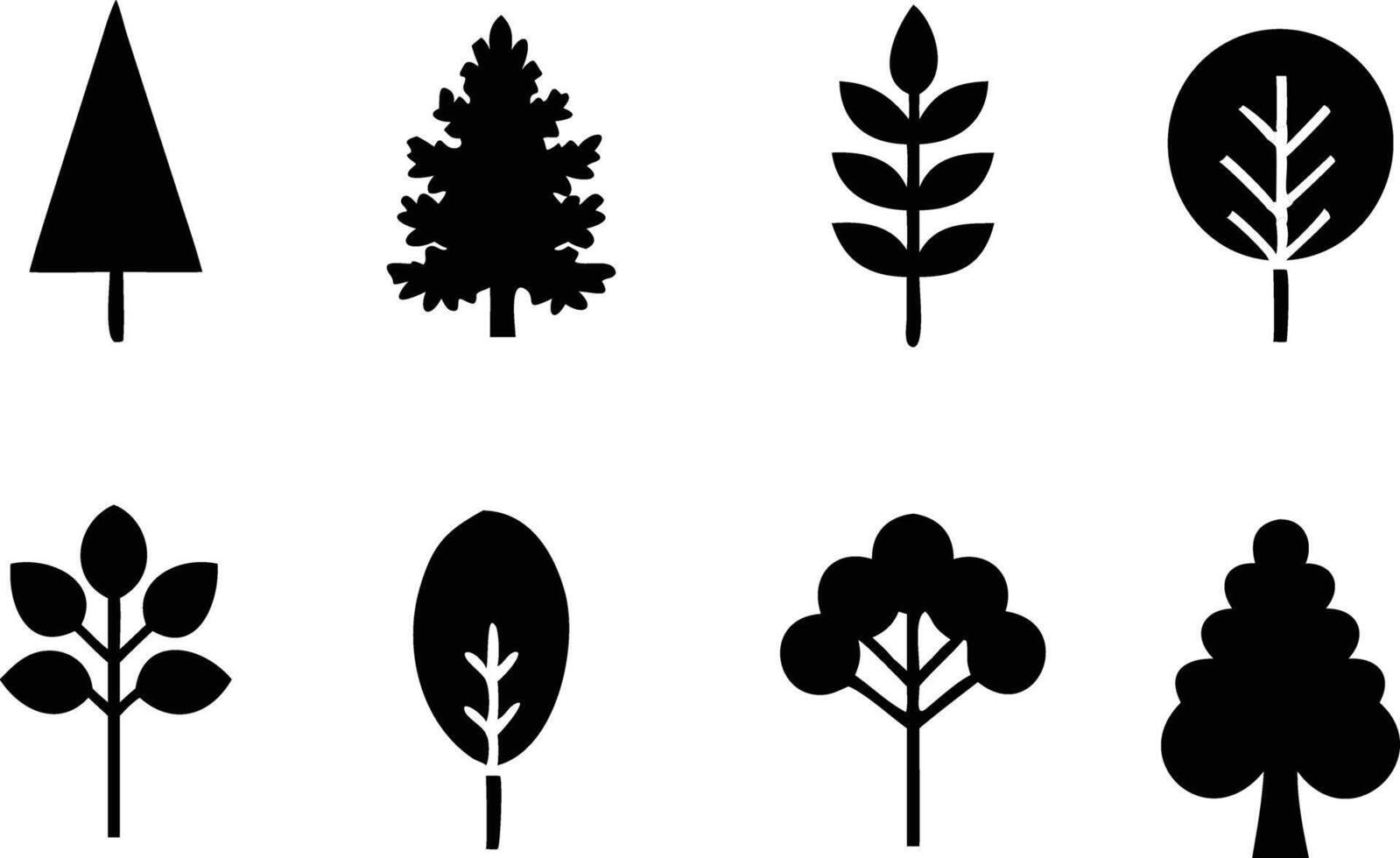 Black Silhouettes of Diverse Trees, Plants, and Foliage Icons. vector