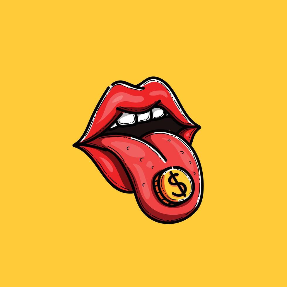 Colorful pop art illustration featuring red lips and a dollar coin on the tongue, set against a vivid yellow background. Represents concepts of wealth, expression, and contemporary art. vector