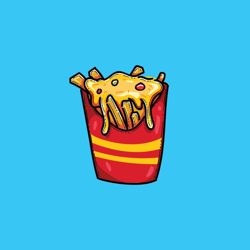 Colorful cartoon illustration depicting delicious cheesy French fries in a vibrant red container against a bright blue background. vector