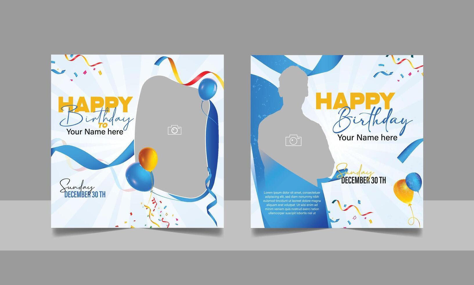 Birthday flyer wishes invitation or greeting social media post template, wedding anniversary celebration event party square banner poster design set vector