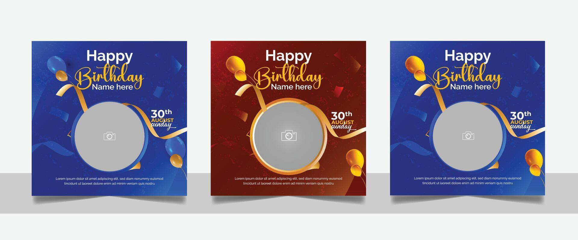 Birthday wishes social media post template, party invitation or greeting flyer, wedding anniversary celebration event square banner poster set vector